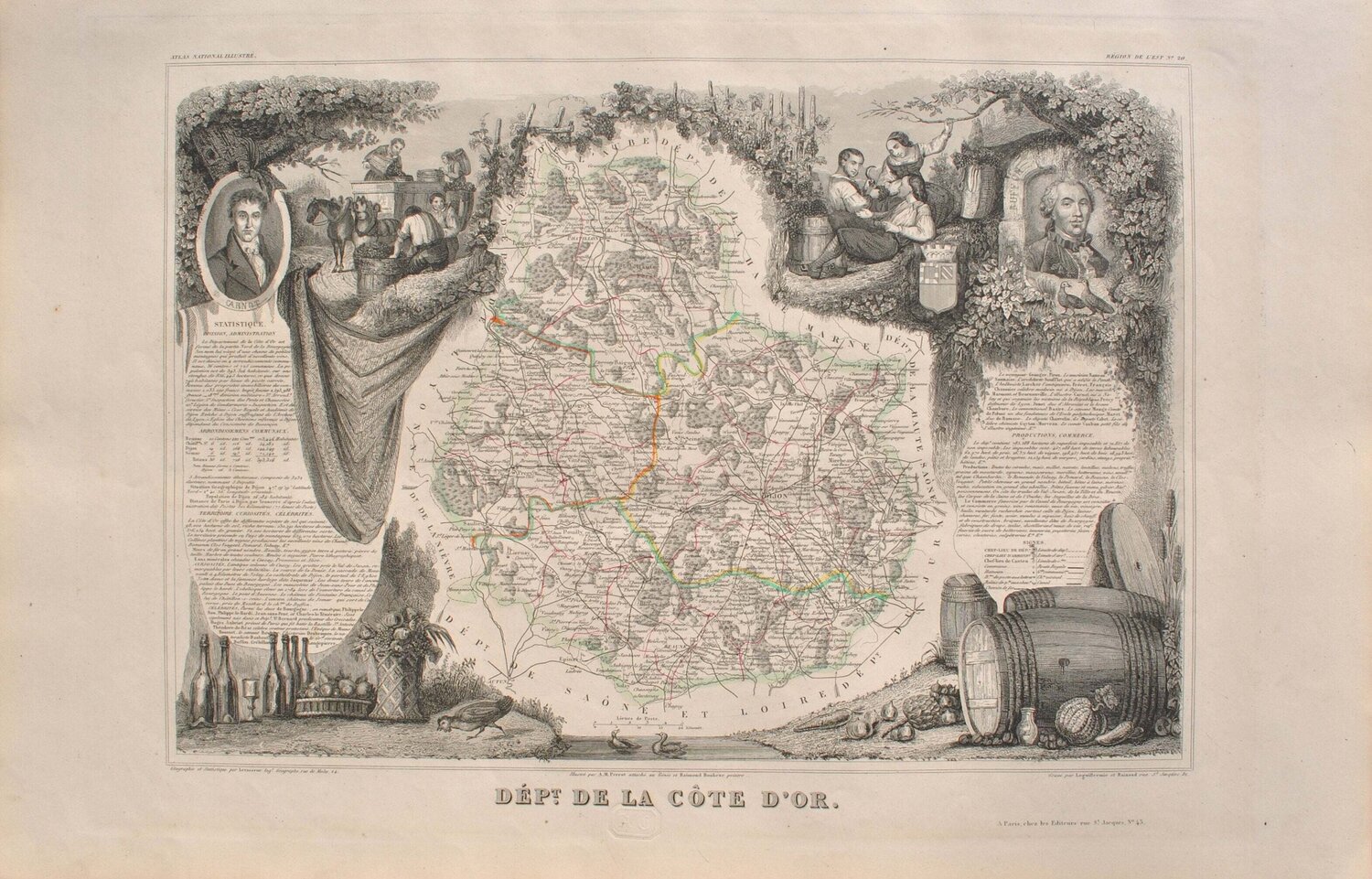 Carte ancienne de la Côte d'Or et ses arrondissements, Gravure originale Victor Levasseur Impresión en venta