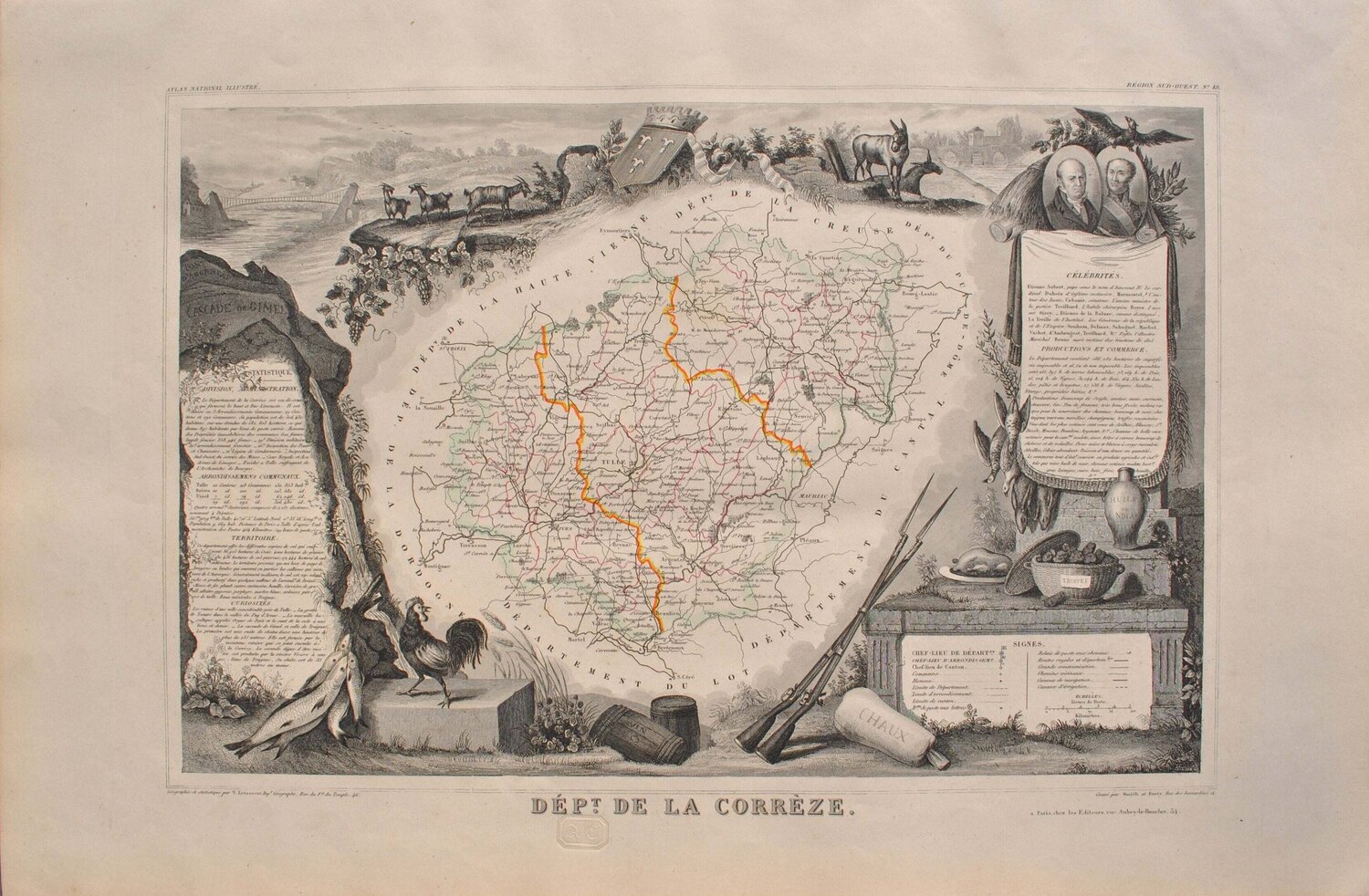 Carte ancienne de la Corrèze et ses arrondissements, Gravure originale Victor Levasseur Print for sale