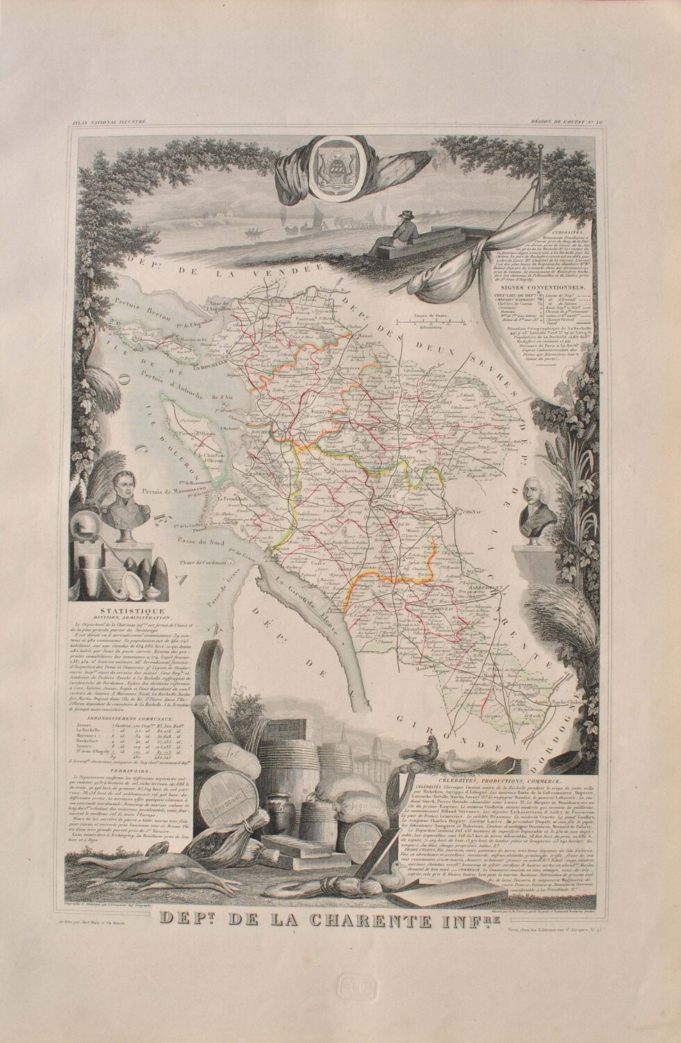 Carte ancienne de la Charente inférieure et ses arrondissements, Gravure originale Victor Levasseur Impresión en venta