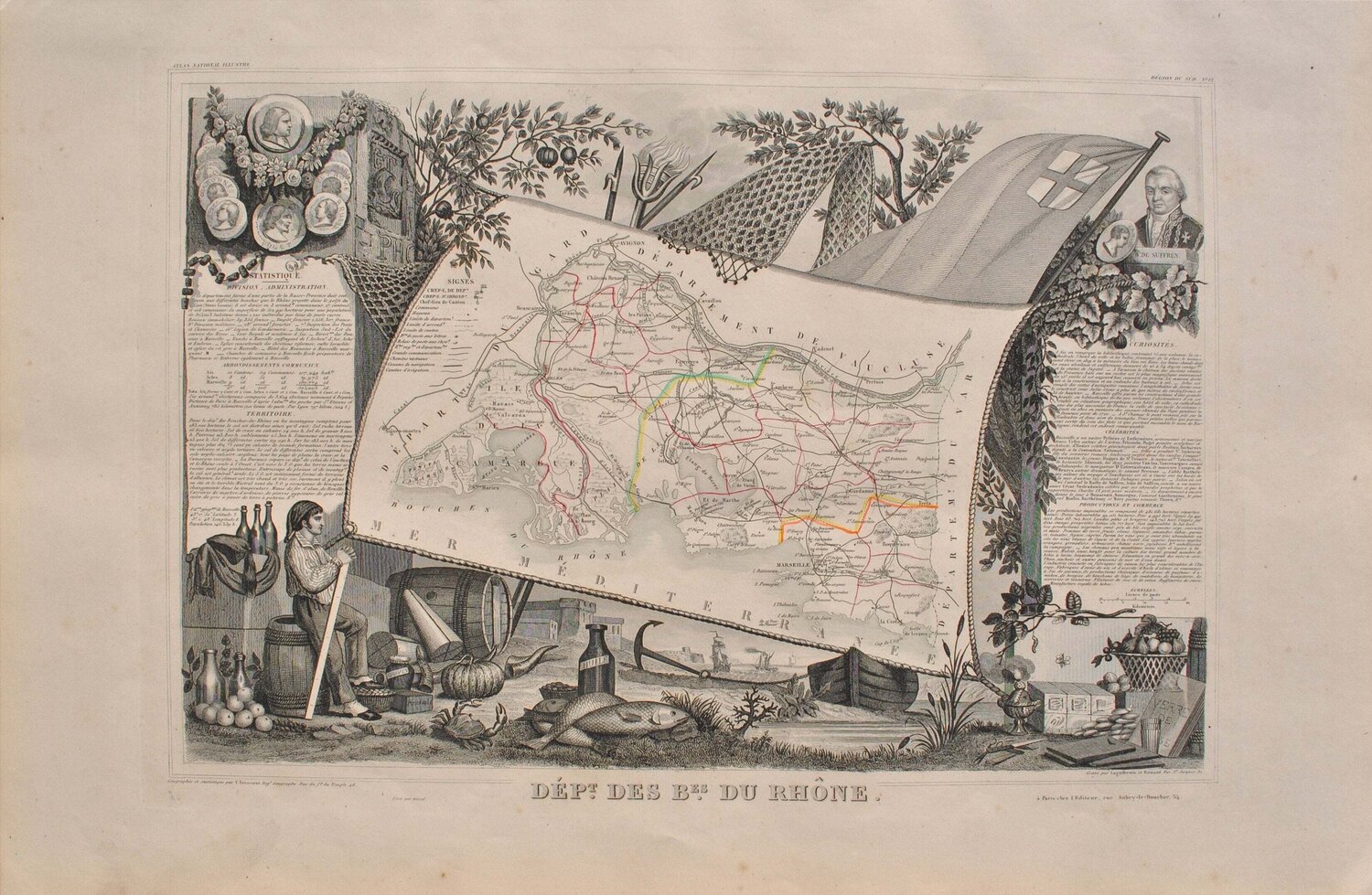 Carte ancienne des Bouches du Rhône et ses arrondissements, Gravure originale Victor Levasseur Druck zu verkaufen