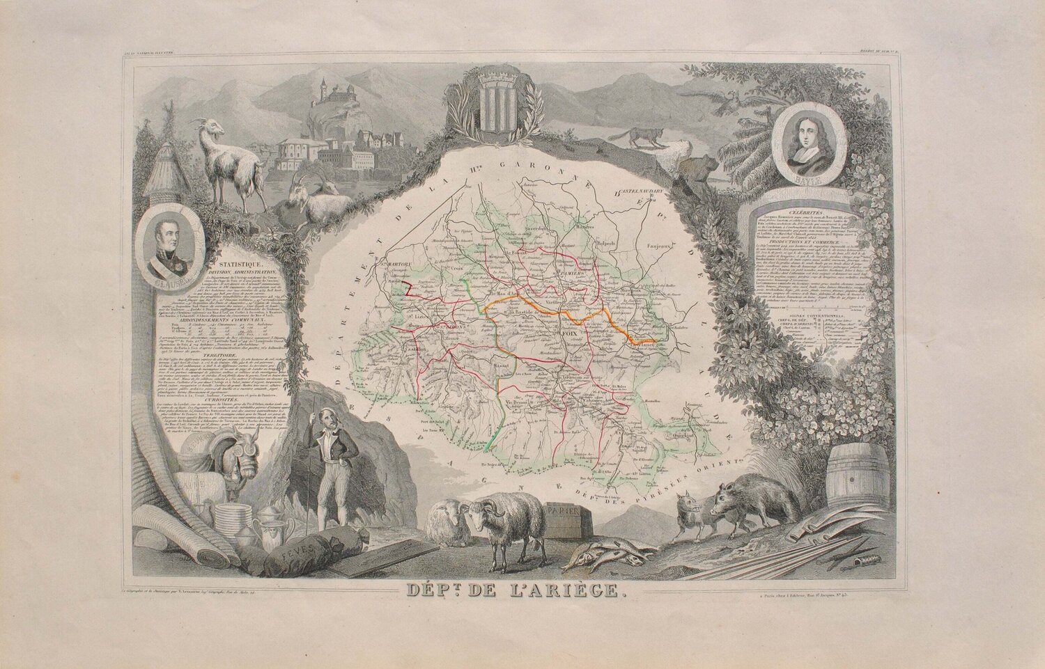 Carte ancienne de l'Ariège et ses arrondissements, Gravure originale Victor Levasseur Print for sale