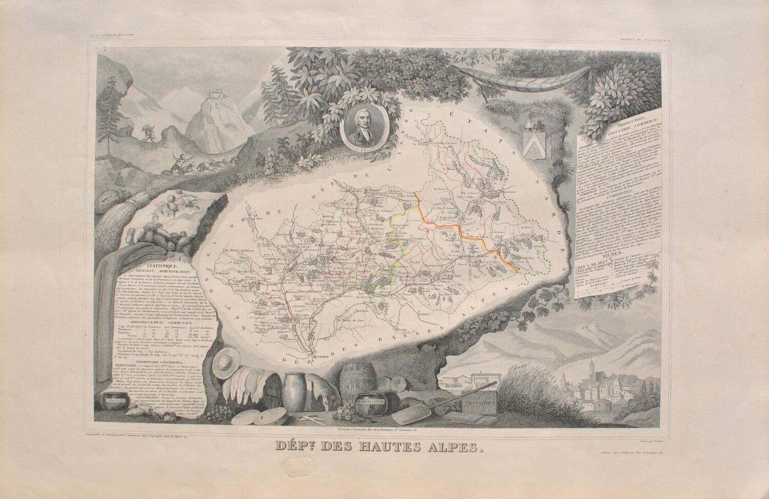 Carte ancienne des Hautes Alpes et ses arrondissements, Gravure originale Victor Levasseur Édition à vendre