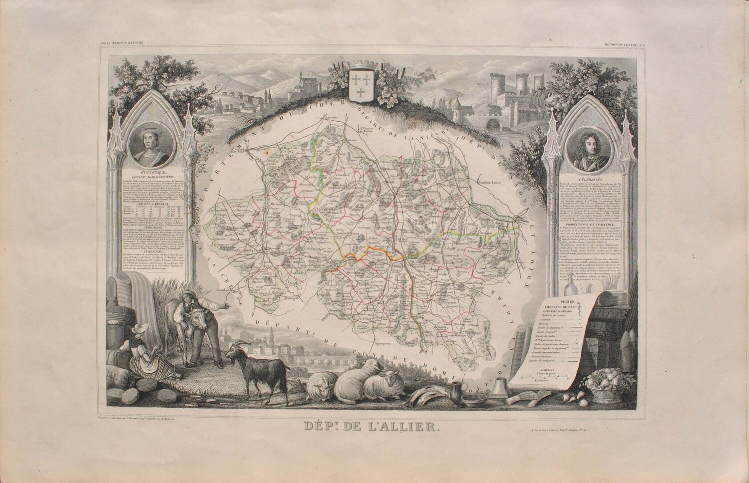 Carte ancienne de l'Allier et ses arrondissements, Gravure originale Victor Levasseur Print for sale