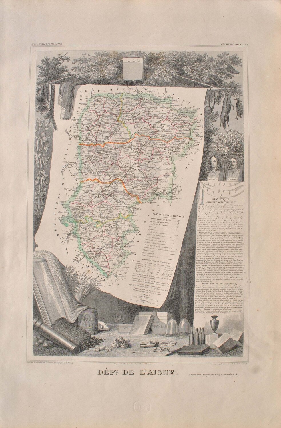Carte ancienne de l'Aisne et ses arrondissements, Gravure originale Victor Levasseur Print for sale