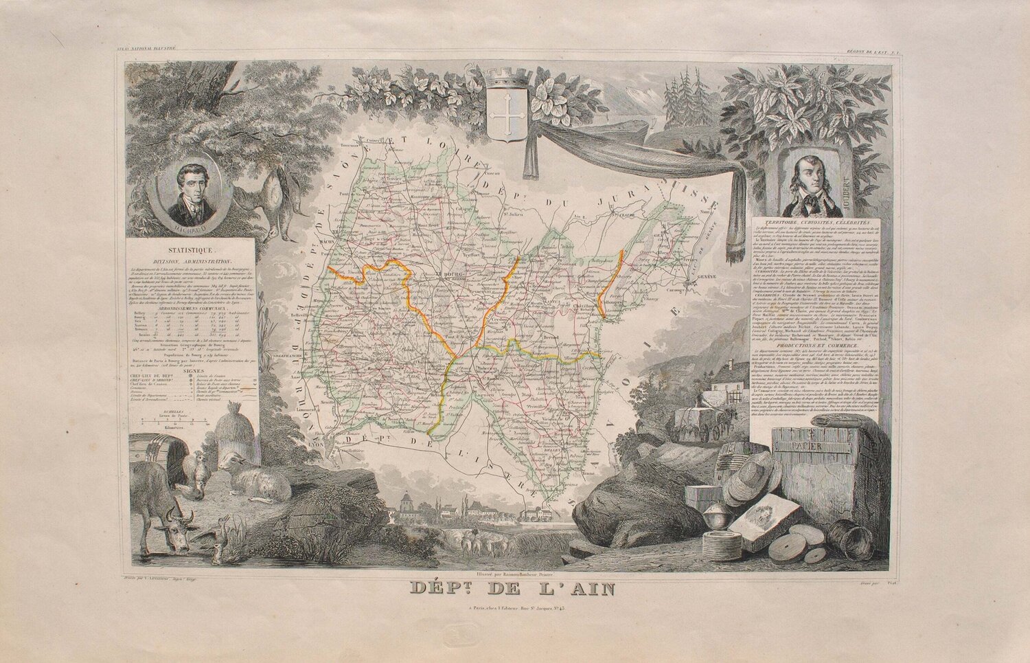 Carte ancienne de l'Ain et ses arrondissements, Gravure originale Victor Levasseur Print for sale