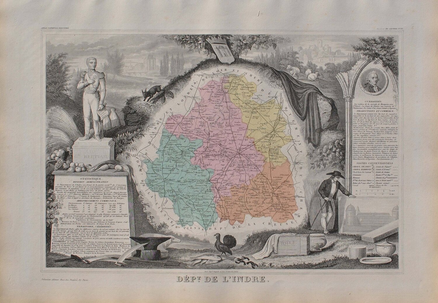 France, Carte ancienne de L'Indre, Gravure originale Victor Levasseur Stampa in vendita