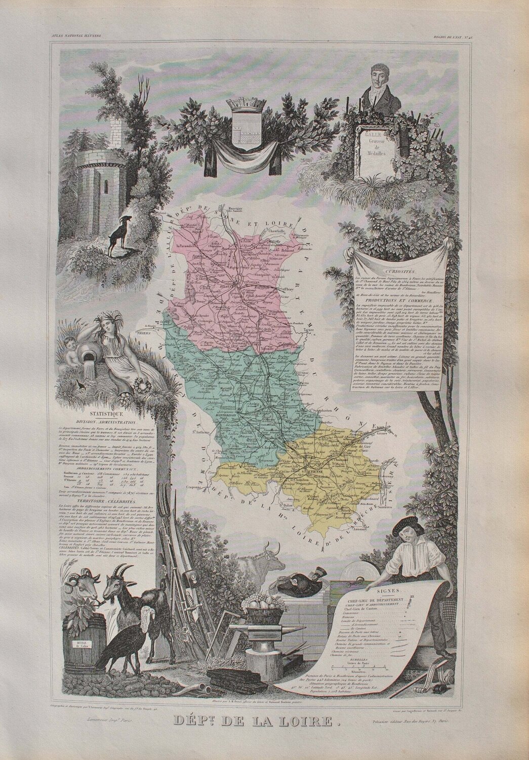 France, Carte ancienne de la Loire, Gravure originale Victor Levasseur Druck zu verkaufen