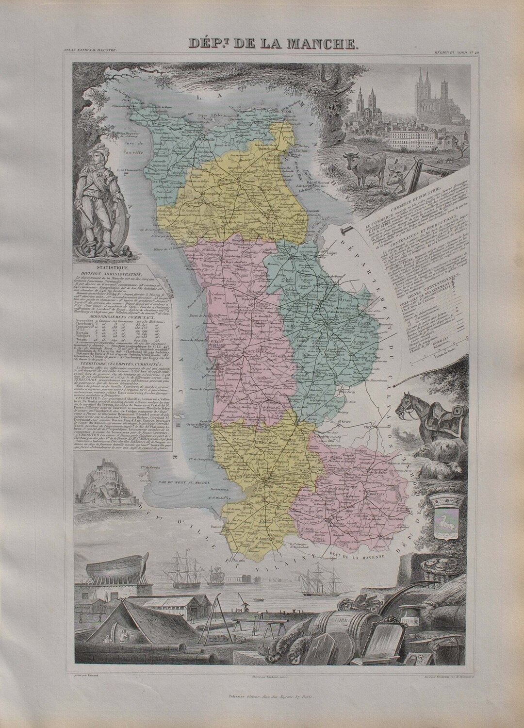 France, Carte ancienne de la Manche, Gravure originale Victor Levasseur Afdruk te koop