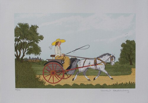 Jeune fille sur sa calèche, Lithographie originale signée Vincent Haddelsey