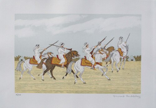 Cavaliers arabes, Lithographie originale signée Vincent Haddelsey