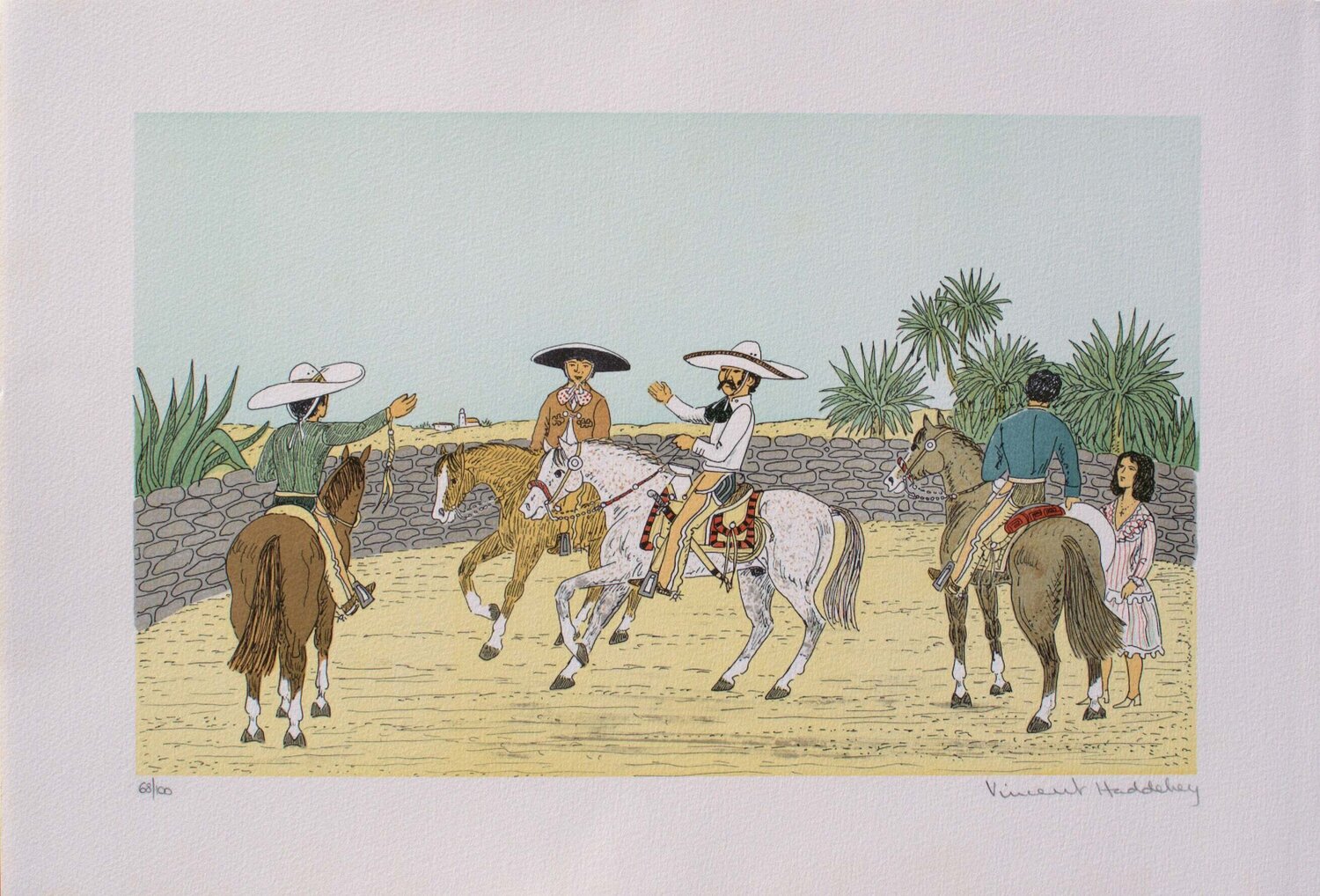 Cavaliers mexicains, Lithographie originale signée Vincent Haddelsey Afdruk te koop
