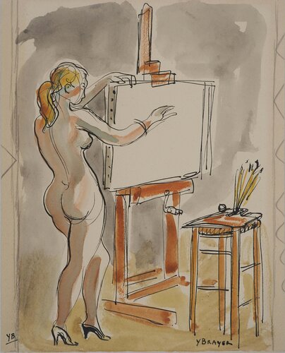 Modèle nu préparant une toile, de Yves Brayer, Obra en papel a la venta en Singulart