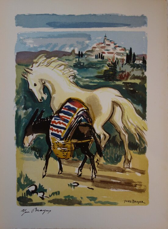 Cheval et âne en Provence, Gravure signée Yves Brayer