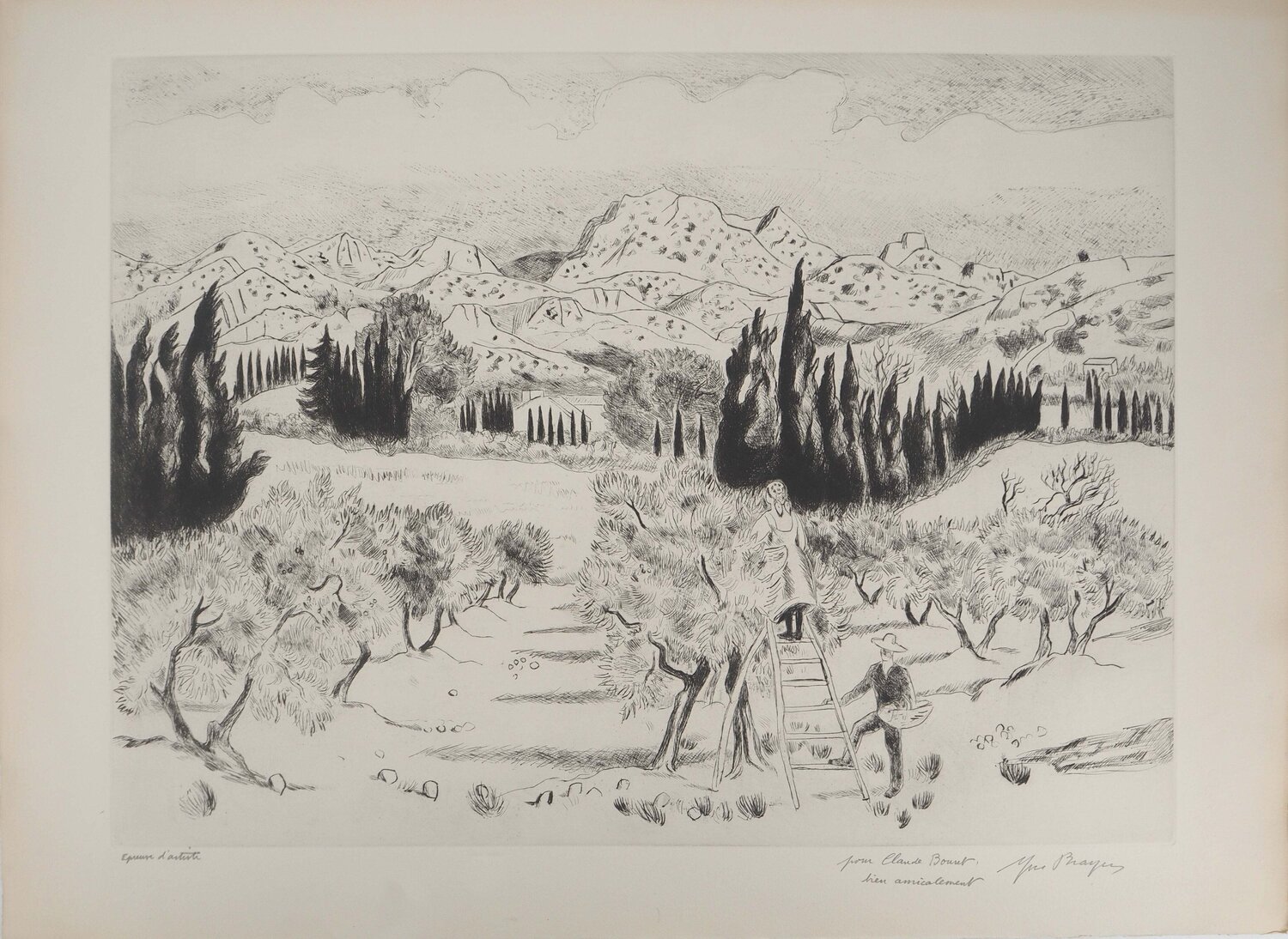 La récolte des olives en Provence, Gravure originale signée Yves Brayer Druck zu verkaufen