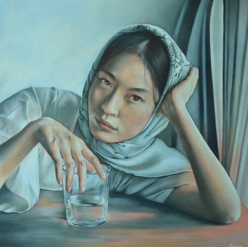 Young woman with glass of water van Anna JENDRZEJAK, Schilderij te koop op Singulart