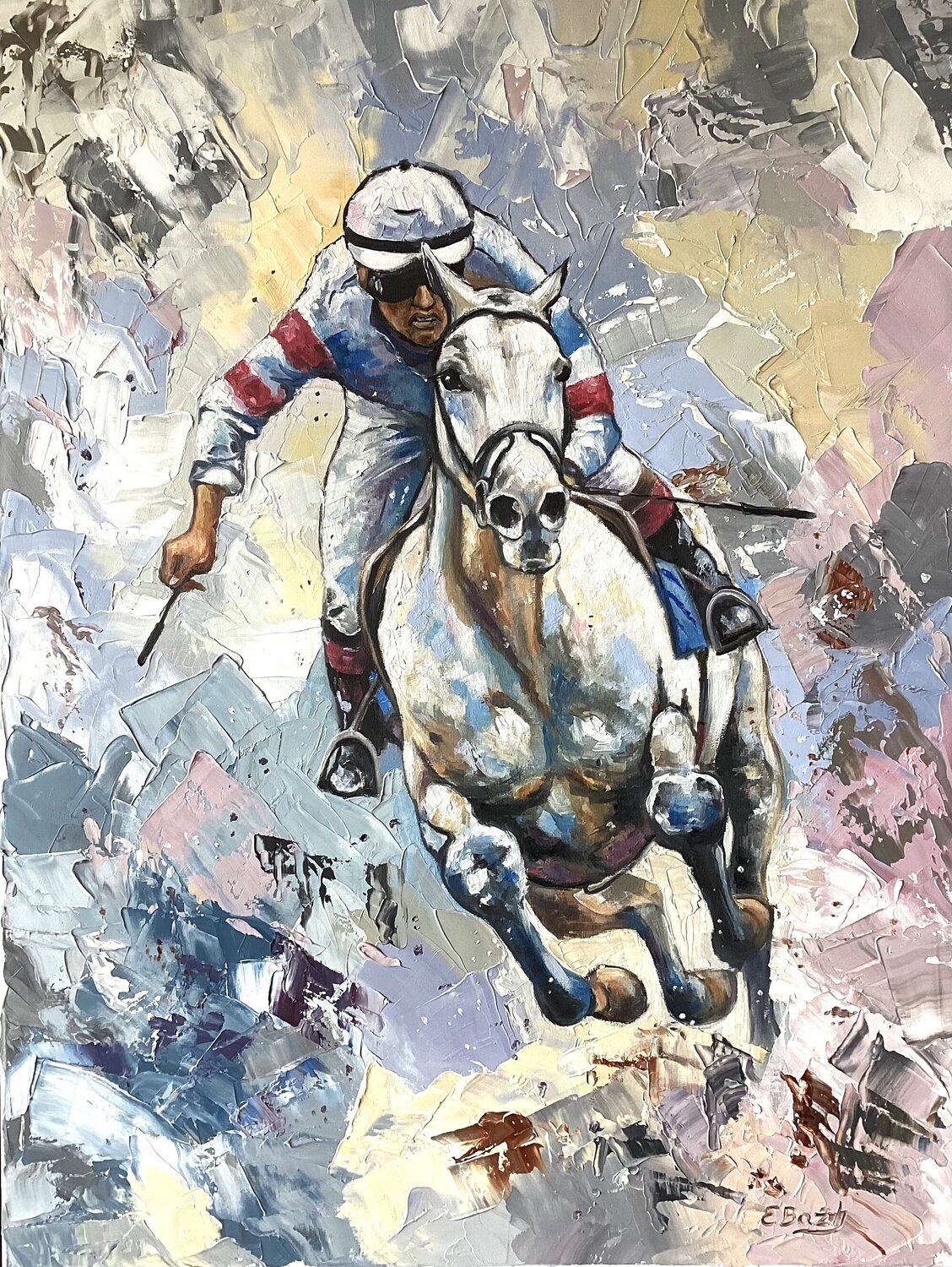 Full Speed Ahead: The Jockey's Race Eva Bazhenova Originalgemälde zu verkaufen