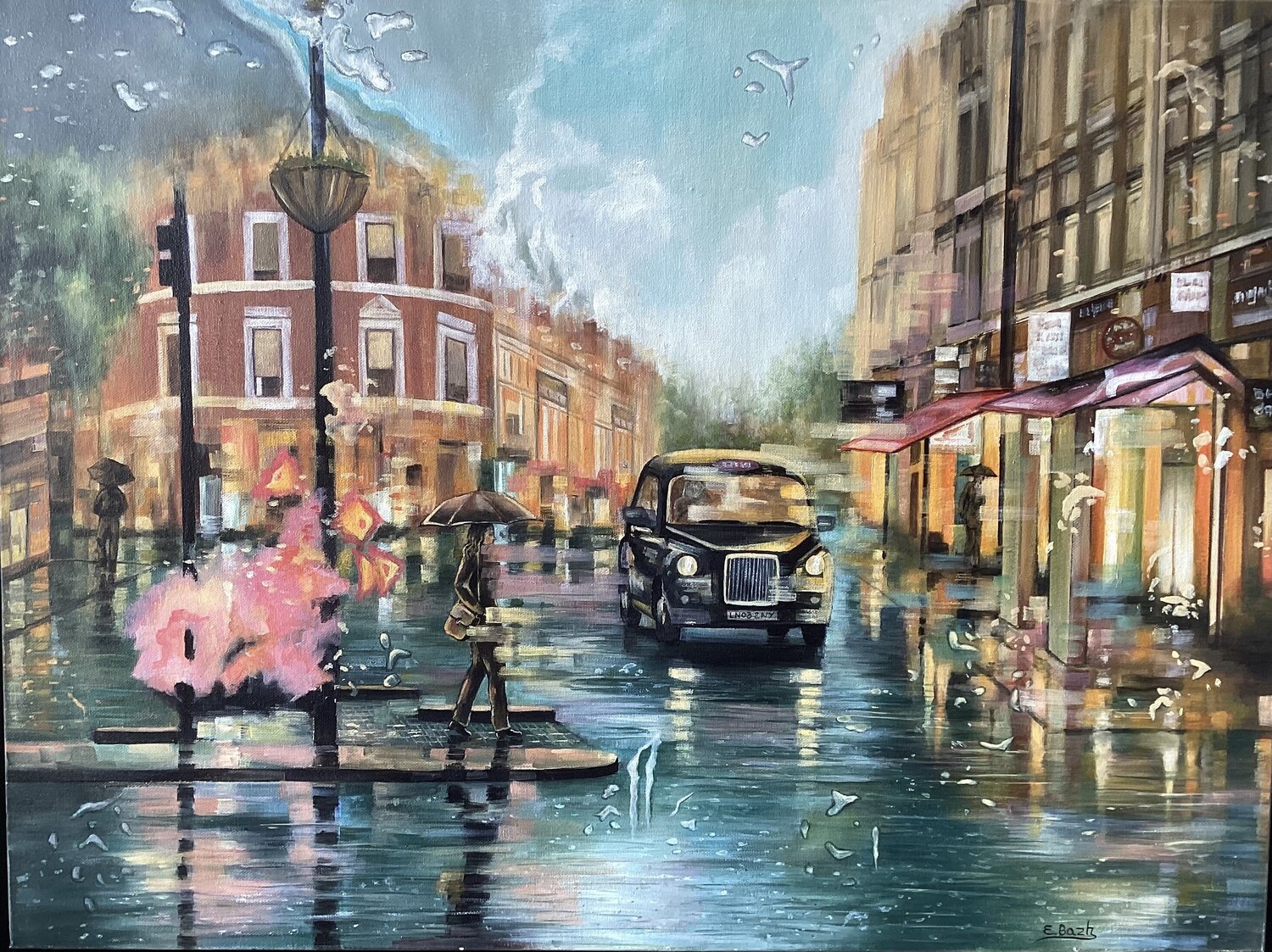 Rainy Reverie: A London Stroll Eva Bazhenova Originalgemälde zu verkaufen