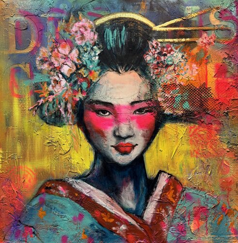 Portret of a Geisha Neon Pink van Luus Blankenaauw, Schilderij te koop op Singulart