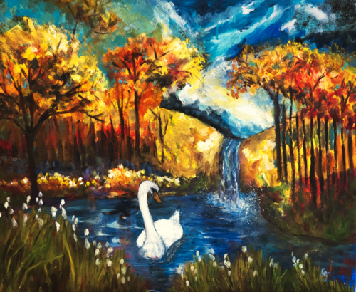 Swan Lake In Autumn Woods di Michael Hartstein, Pittura in vendita su Singulart