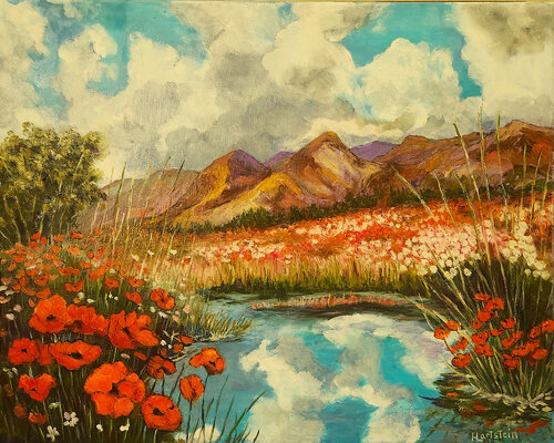 Poppies On A Cloudy Day van Michael Hartstein, Schilderij te koop op Singulart