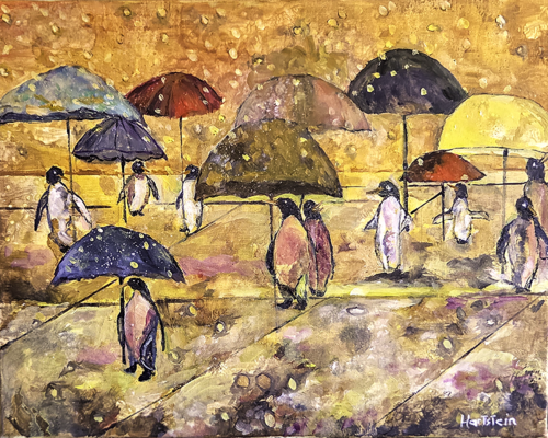 Penguins In The Rain par Michael Hartstein, Peinture en vente sur Singulart