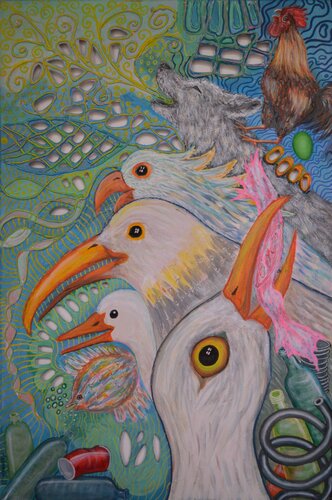 Bremer Stadtmusikanten schreien auf Plastikmülldeponie by Davorka Azinovic, Painting for Sale on Singulart