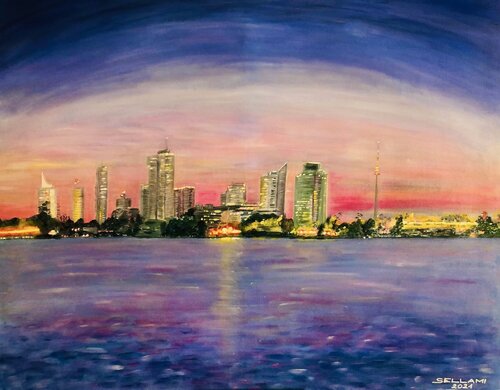 Alte Donau Sonnenuntergang van Ingrid Sellami, Schilderij te koop op Singulart