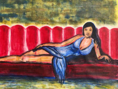 Mädchen auf Sofa von Ingrid Sellami, Malerei kaufen auf Singulart