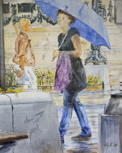 Blue umbrella in Belgrade 40x50 cm 2019 van Nenad Kojić, Schilderij te koop op Singulart