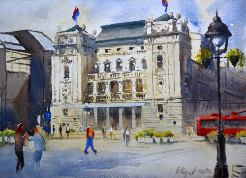 Stari Trg Republike Beograd 35x25cm 2019 di Nenad Kojić, Pittura in vendita su Singulart