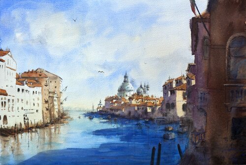 St. Maria and sea view Venice Italy 35x54 cm 2019 di Nenad Kojić, Pittura in vendita su Singulart