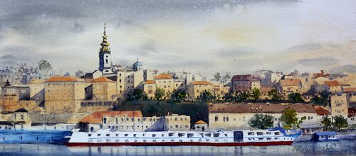 Savamala in yellow and gray 23x54 cm 2019 von Nenad Kojić, Malerei kaufen auf Singulart