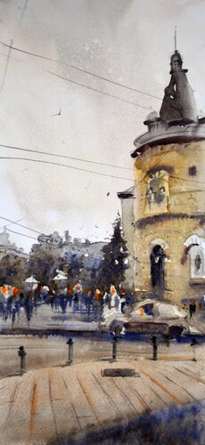 SKC with hotel Park in background 16x34cm 2019 di Nenad Kojić, Pittura in vendita su Singulart