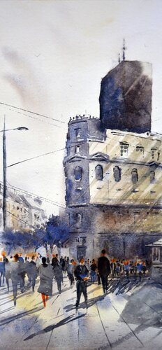 Belgrades hurry hour near London crossroads 17x36 cm 2019 van Nenad Kojić, Schilderij te koop op Singulart