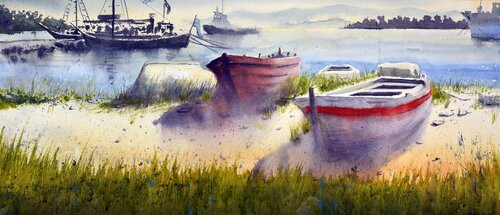 Boat rest Krf Corfu Greece 23x54 cm 2019 de Nenad Kojić, Pintura a la venta en Singulart
