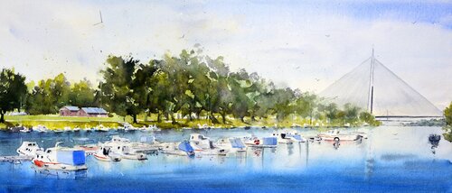 Ada the sea of Belgrade 23x54cm 2019 von Nenad Kojić, Malerei kaufen auf Singulart