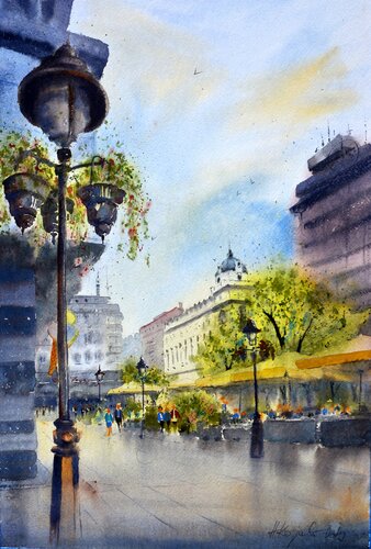 Trg sa Ruskim Carom Beograd 53x35 cm 2019 van Nenad Kojić, Schilderij te koop op Singulart
