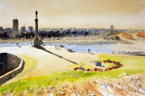 Behind a Victor Statue on Kalemegdan, Belgrade 36x54cm 2020 van Nenad Kojić, Schilderij te koop op Singulart