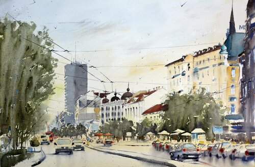 Traffic on Terazije square, Belgrade 36x54cm 2020 van Nenad Kojić, Schilderij te koop op Singulart
