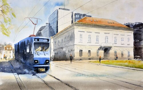 Blue Tram No.2 Beograd, 48x30cm 2020 di Nenad Kojić, Pittura in vendita su Singulart