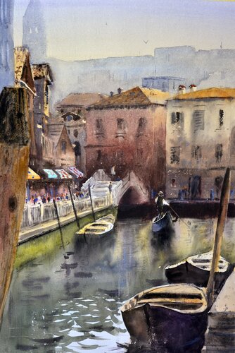 Gondola before bridge Venice Italy 53x35cm 2020 van Nenad Kojić, Schilderij te koop op Singulart