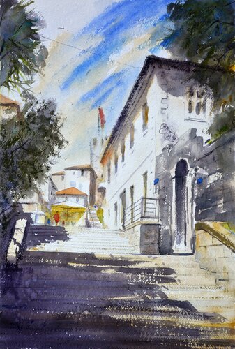 Stairway with shadow Herceg Novi Montenegro 53x35cm 2020 von Nenad Kojić, Malerei kaufen auf Singulart