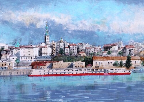 Savamala view Belgrade Beograd 46x32 cm 2024 di Nenad Kojić, Pittura in vendita su Singulart