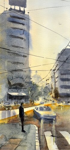 Hotel Slavija i hram Beograd 17x36 cm 2020 di Nenad Kojić, Pittura in vendita su Singulart