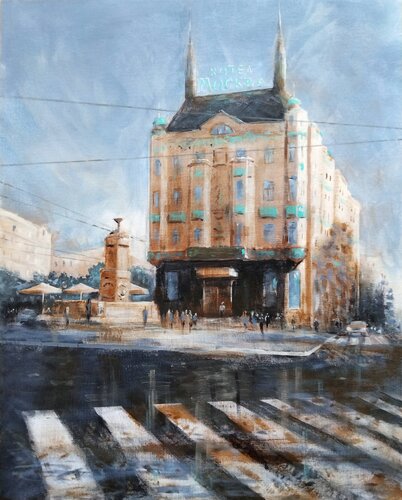 Hotel Moskva Beograd 40x50cm 2024 di Nenad Kojić, Pittura in vendita su Singulart
