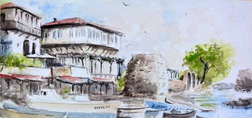 Boats of old town Nessebar Bulgaria 17x36 cm 2020 de Nenad Kojić, Pintura a la venta en Singulart