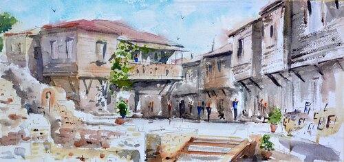 Streets of old town Nessebar Bulgaria 17x36 cm 2020 van Nenad Kojić, Schilderij te koop op Singulart