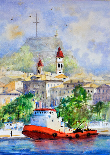 Red tug-boat Kerkyra Corfu Greece 25x36cm 2020 van Nenad Kojić, Schilderij te koop op Singulart