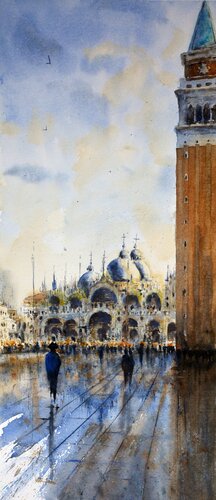 In shadow of San Marco tower Venice Italy 23x54cm 2020 par Nenad Kojić, Peinture en vente sur Singulart