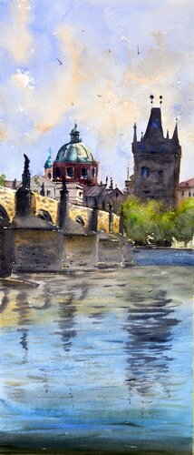 Blue sky and Charles bridge reflecton at Vltava Prague 23x54cm 2020 de Nenad Kojić, Pintura a la venta en Singulart